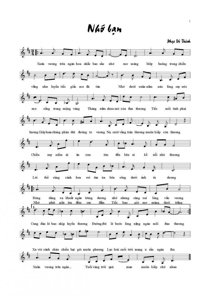 Sheet nhạc Nhớ Bạn